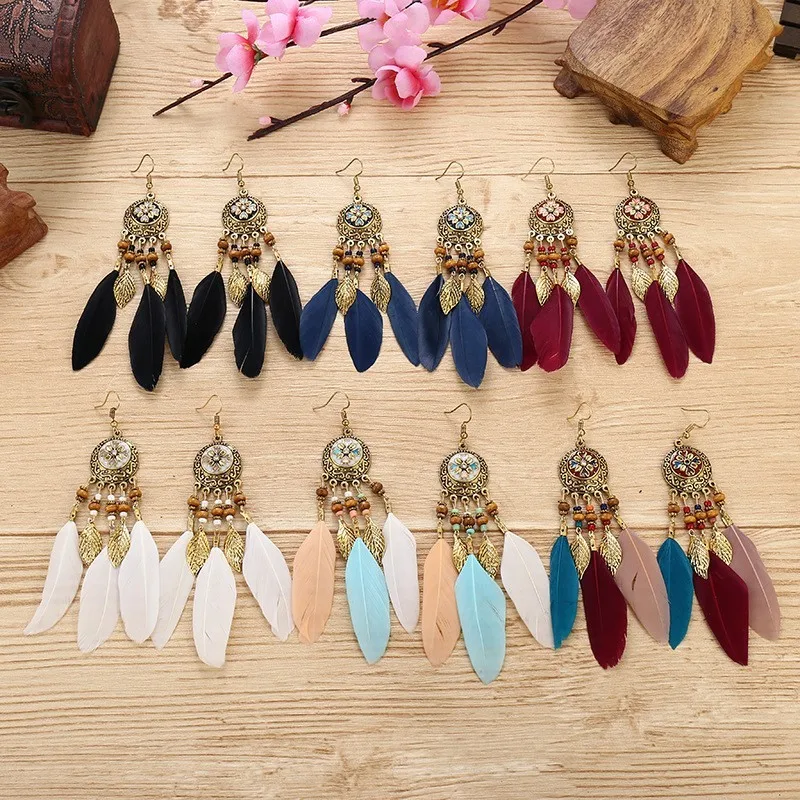 Boho Feather Tassel Earrings 2024 Trendy Elegant Antique Alloy Carved Wood Bead Leaf Dangling Earrings Women Party Jewelry