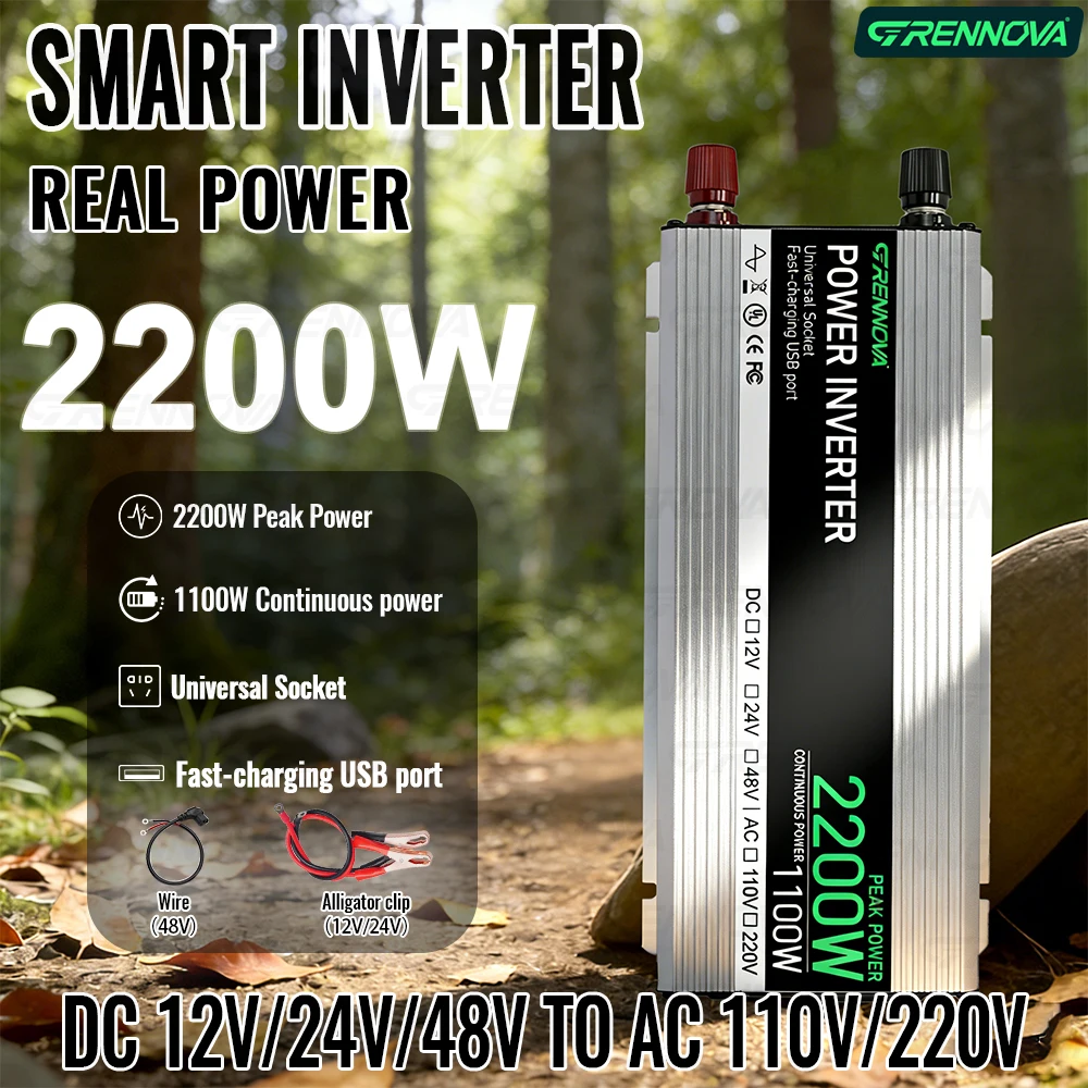 

Инвертор Grennova 2200W True Power для солнечных систем: DC 12В/24В/48В в AC 110В/220В с USB – идеально для автодомов и автономных систем