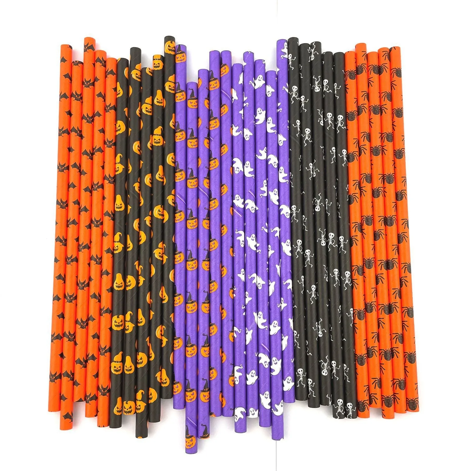 

200 Pcs Halloween Paper Straws-Black Orange Purple Pumpkin Skeleton Ghost Bat Spider Cobweb Witch Hallow Party Grimace Spooky