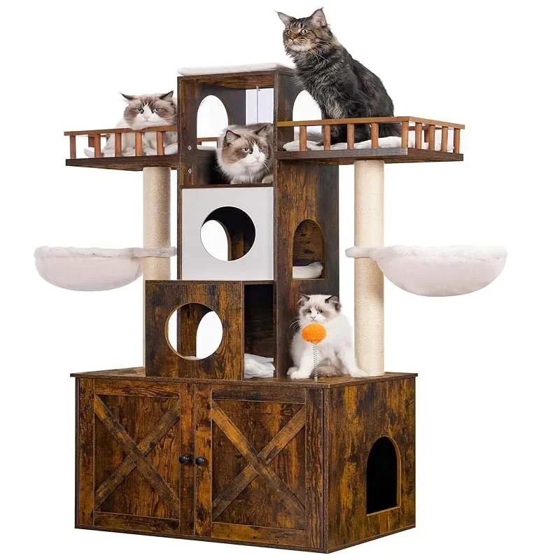 Modern rustic brown indoor heavy-duty 20lb cat tower with bin shell scraping column