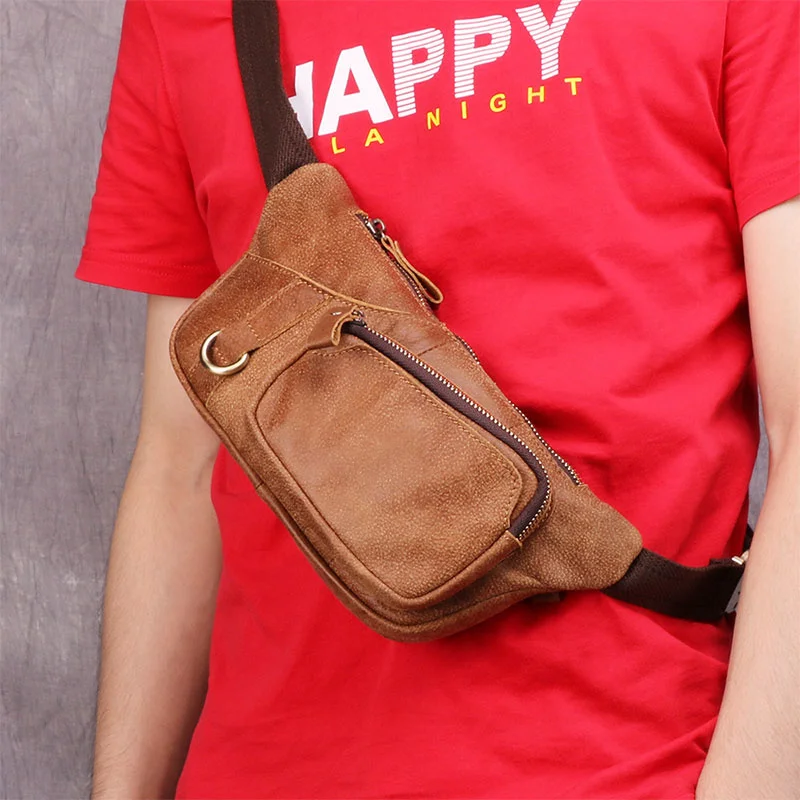 men Genuine Vintage Leathe waist bag Male cow leather fanny pack male travel chest for cell phone belt man