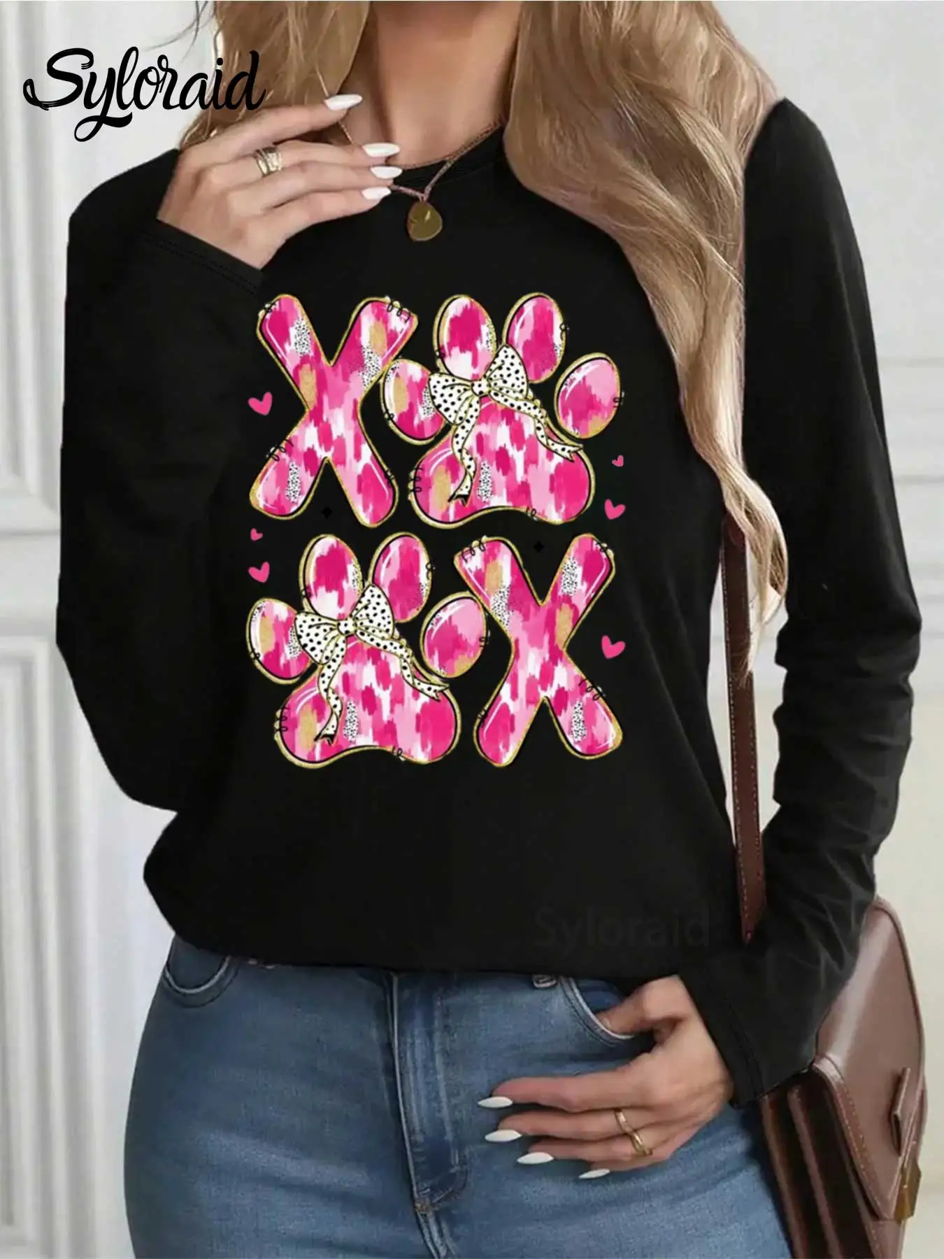 Camiseta feminina de manga comprida Xoxo Dia dos Namorados Rosa Dog Paw Print Camiseta Moda Gola Redonda Casual Top