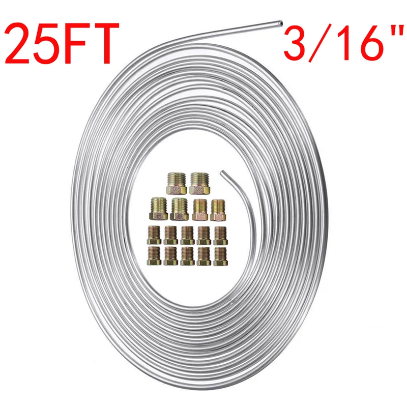 Zinc Steel Car Brake Line Tubing Kit 3/16'' OD 25ft Roll with 16pcs for Hydraulic Fuel Transmission System Brake Lines