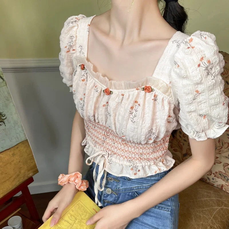 French Elegant Shirts Draw String Slim Waist Ruffles Square Collar Puff Sleeve Crop Tops Summer Sweet Preppy Style Women Blouses