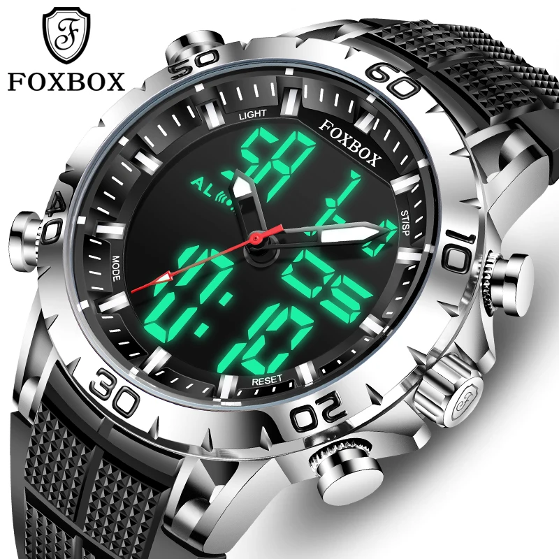 FOXBOX Mens Watches Top Brand Luxury Sports Dual Display Quartz Watch Man Military Waterproof Clock Digital Electronic Watch+Box