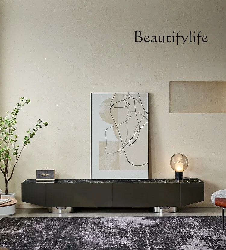 

Italian minimalist high-end natural marble living room TV cabinet modern light luxury solid wood floor cabinet coffee table