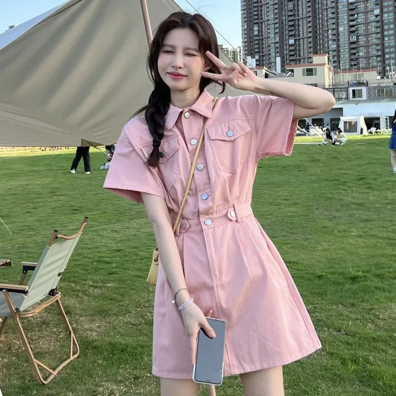

Girls Sweet Polo Neck Solid Color Dress Front And Back Pockets Button Vestidos Summer New Japanese Women Short Sleeve Dress 원피스