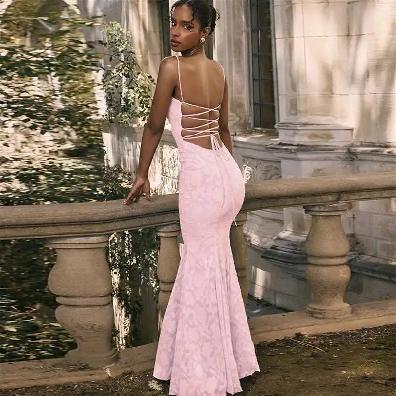 セクシーマーメイドイブニングクラブパーティードレス レディース 2025 夏 スパゲッティストラップ マキシロングドレス エレガント バックレス レースアップ バンデージ ローブ