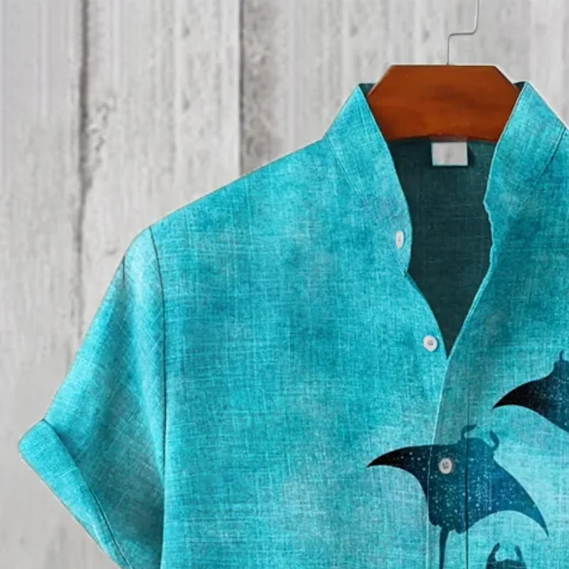 Bohemian Sea Men's Manta Rays Art Print Linen Blend Casual Shirt Young Japanese Single Breast Short Sleeve Summer Spring Blouses