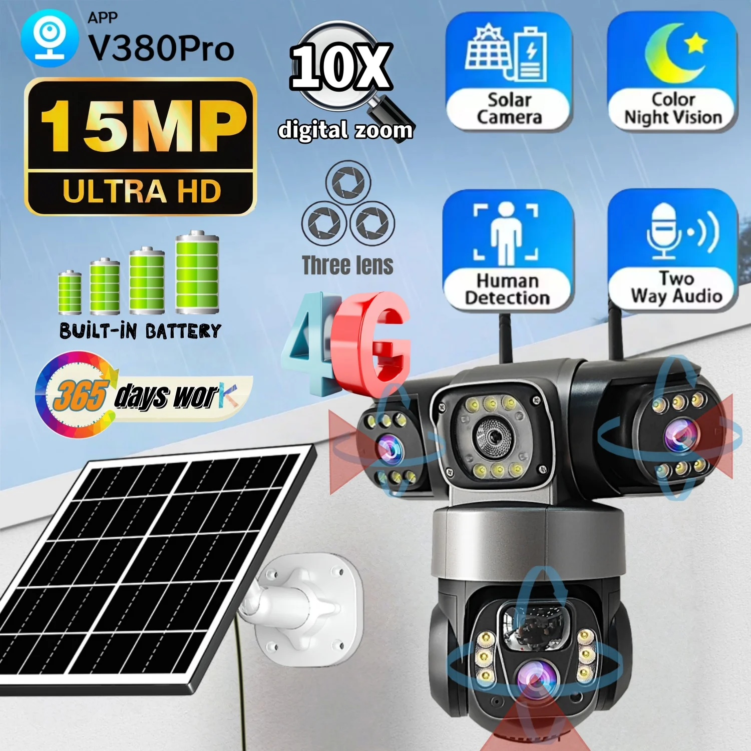 

V380 Pro 3 Lens IP Solar Camera HD 15 MP Outdoor Waterproof CCTV Night Vision Two-Way Audio Camera Mobile Tracking 4G IP Camera
