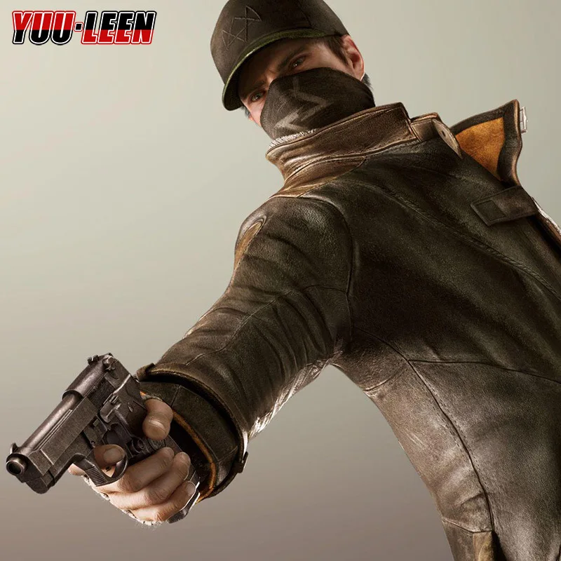 High Quality Watch Dogs Cosplay Aiden Pearce Leather Windbreaker Clothes Long Trench Coat With Hat Cap Scarf