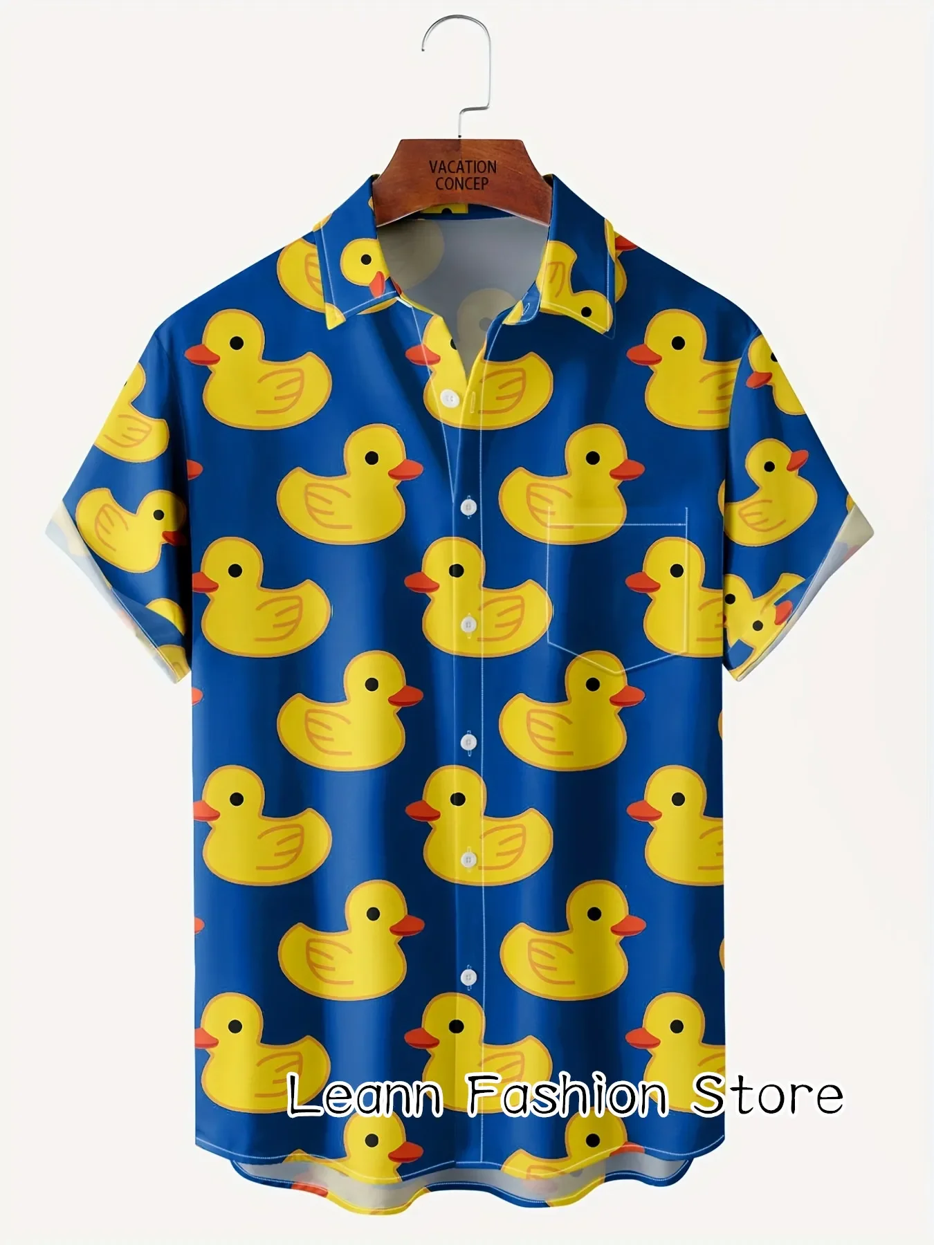 Men Summer Cute Cartoon Yellow Ducks Print Shirt Hawaiian Vacation Clothing Male Button Lapel Collar Shirt Fashion Beach Shirt