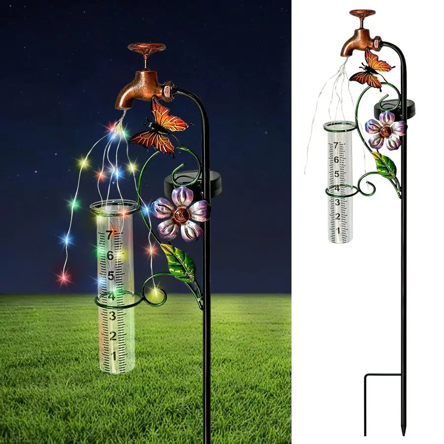 

Rain Gauge Garden Stake with Butterfly and Flower Design, Copper Faucet Style, Metal Garden Decor