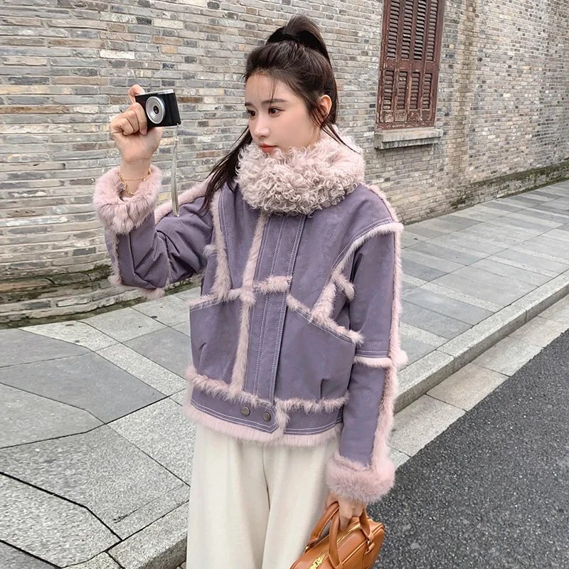 Fur Coat Women 2024Spring Autumn Fashion Sheepskin Jacket With Natural Rabbit Lining Natural Wool Collar Elegant Fallow Clothes