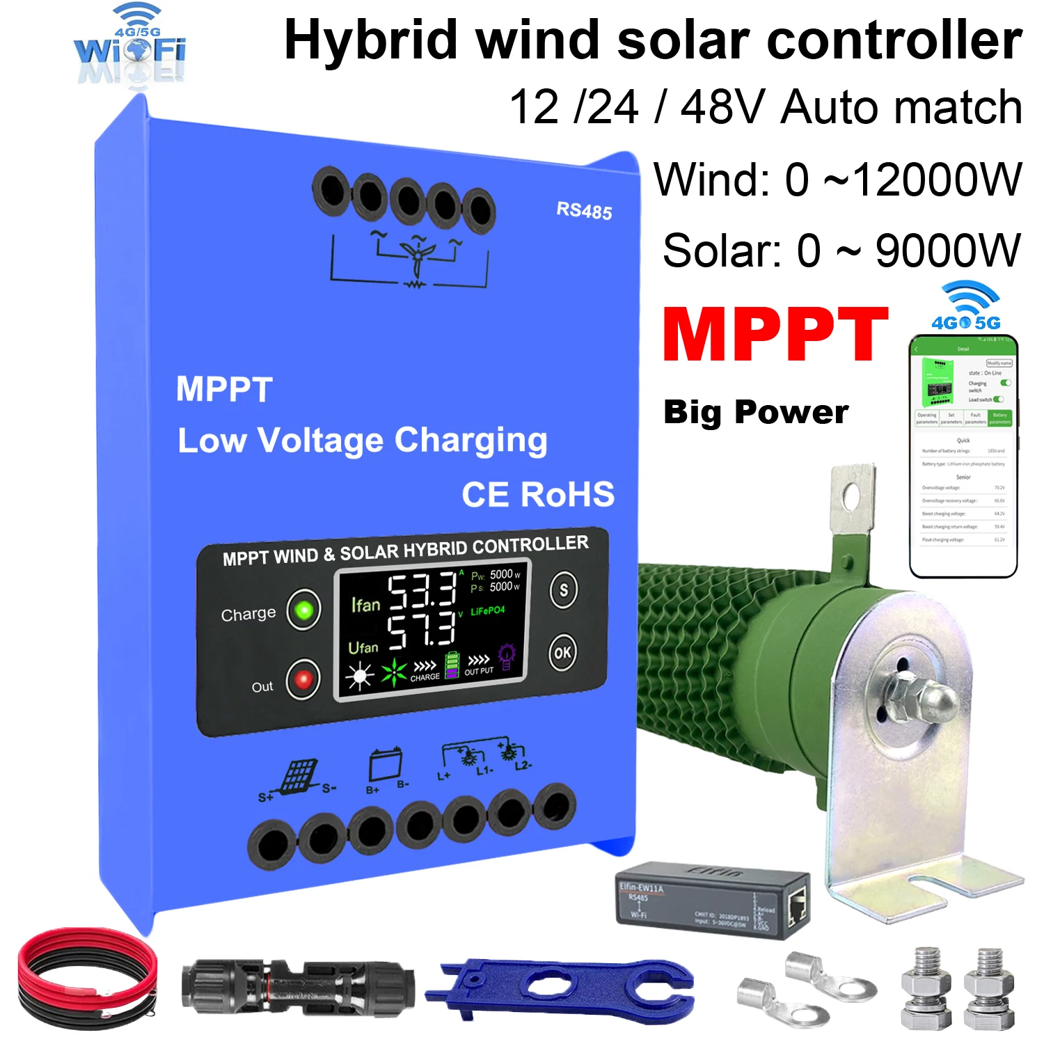 5000W  4000W 6000W 12V24V48V MPPT Hybrid Solar Controller Wind Turbine,With Unloading Load LCD Display, For Lifepo4 Full Battery