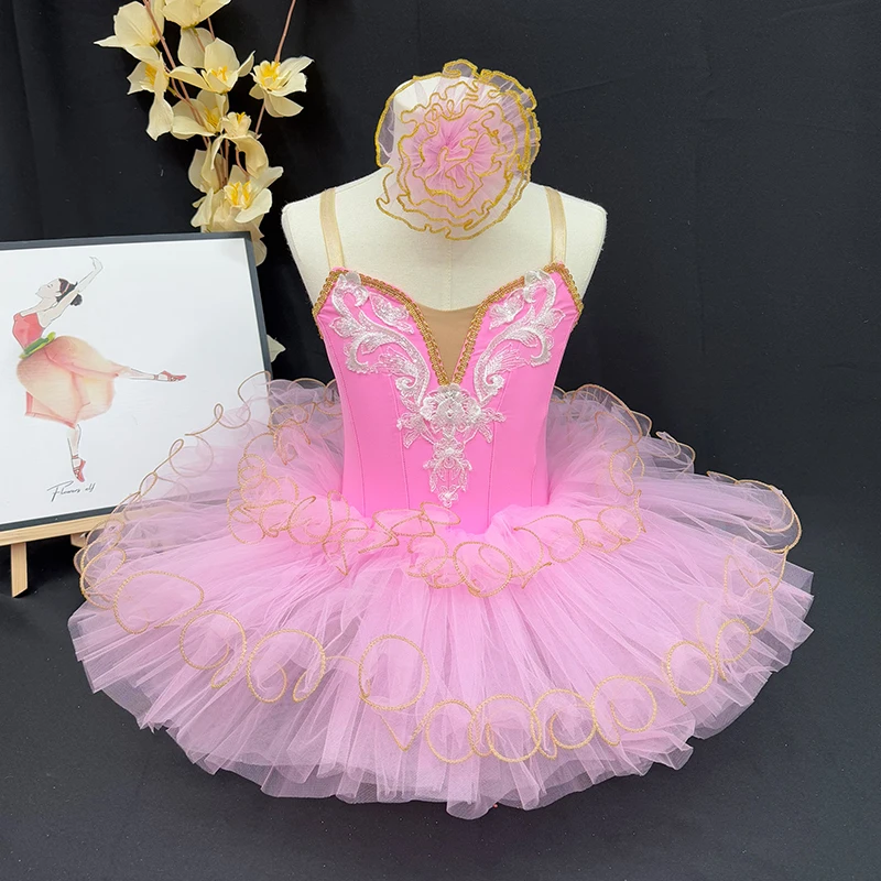 

Girls' Pink Ballet Tutu Dress with Gold Trim and Matching Headpiece, Embroidered Bodice, Spaghetti Straps, for Dance Performance