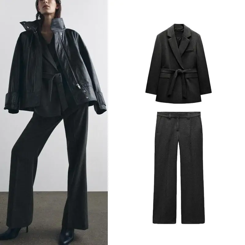 

Осенне-зимний новый женский костюм: пиджак с поясом, брюки прямого кроя, модный комплект из двух предметов с длинными рукавами на пуговицах