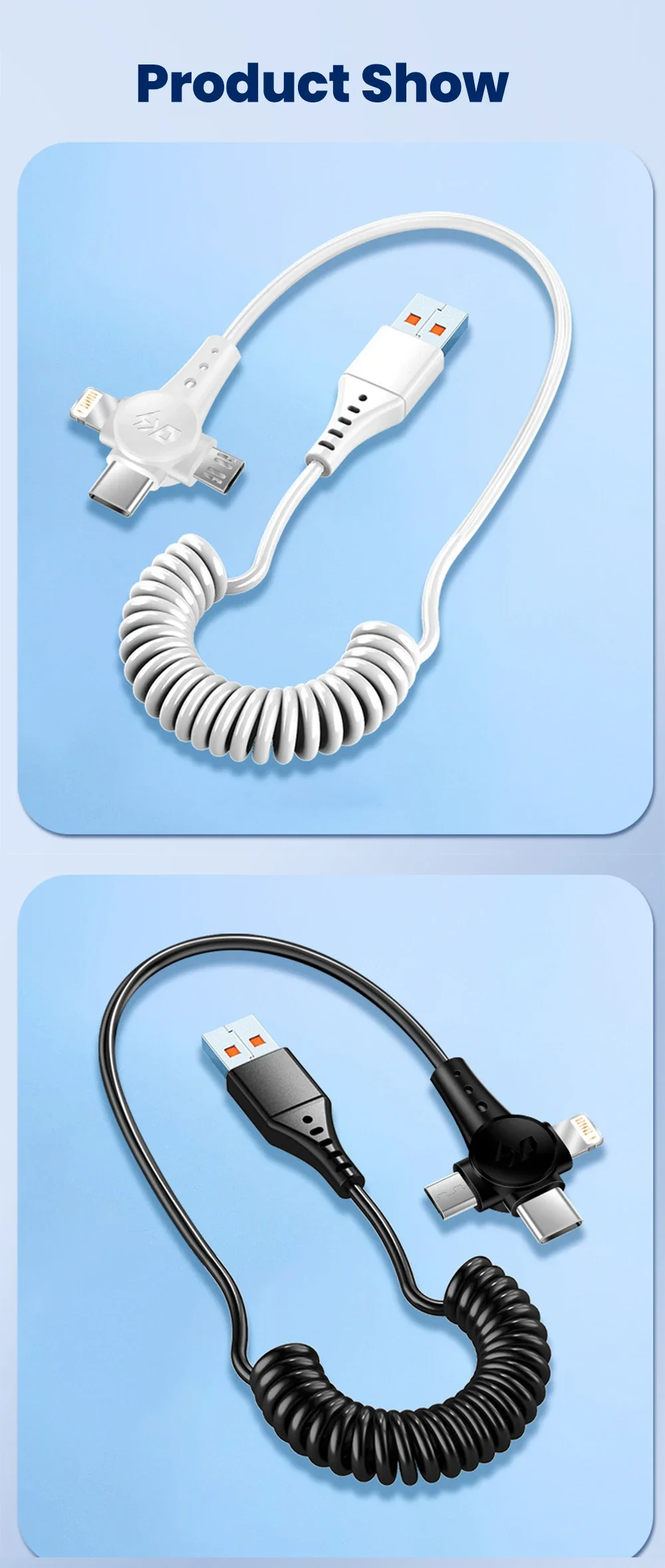 120W 3-in-1 Mobile phone fast charging data cable For iPhone Huawei Xiaomi Super fast charging spring retractable data cable