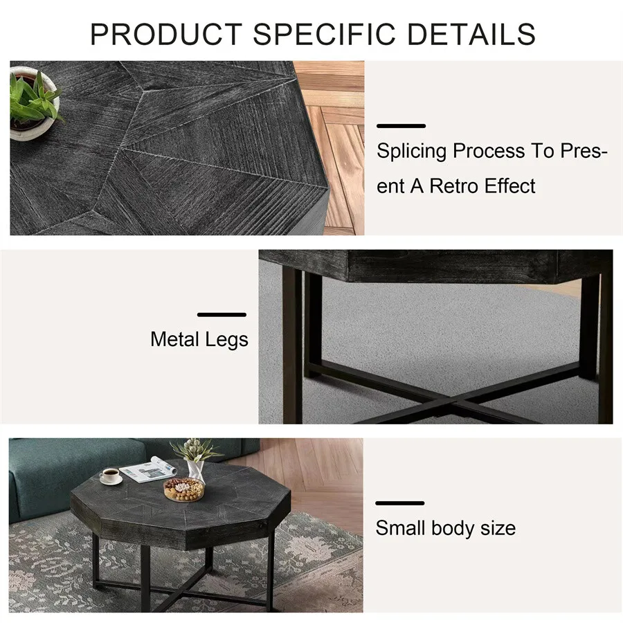 Wood Octagonal Patchwork Craft Farmhouse Wooden Table Metal Legs Coffee Table