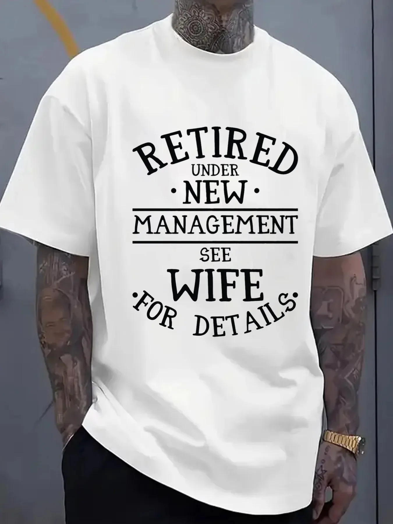 Retired Wife Detail Print T-Shirt Men's Round Neck Short Sleeve T-Shirt White Summer Short Fashionable Outerwear New Spring and Autumn Print T-Shirt Fashion Trend Suitable for Summer Casual Daily Wear Holiday Gift Choice