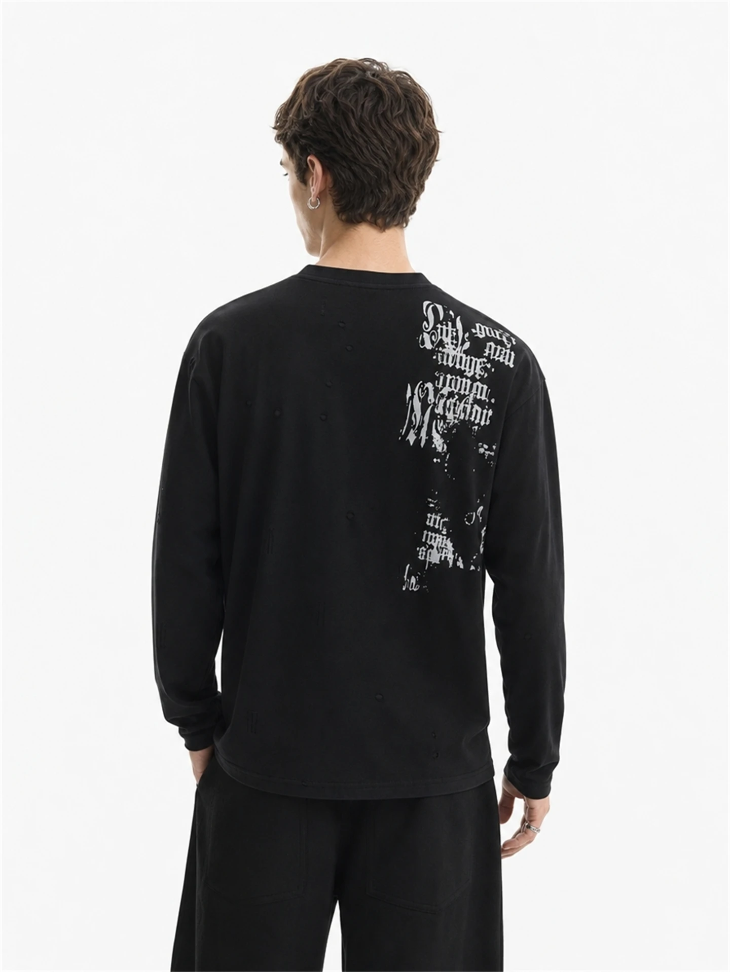 BETEBULE American High Street Punk Rock Print Design round Neck Long Sleeve Men's T-shirt Loose Fit Versatile Casual Top