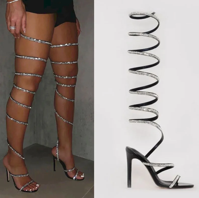 

Shiner Rhinestone Snake Twined Thigh Sandals Boots Open Toe Stiletto High Heel Crystal Spring Strap Summer Over Knee Boots
