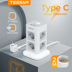 TESSAN Tower Extension Power Strip with USB 2M Extension Cord with EU Plug Tower Multiple Socket with Switch Surge Protection