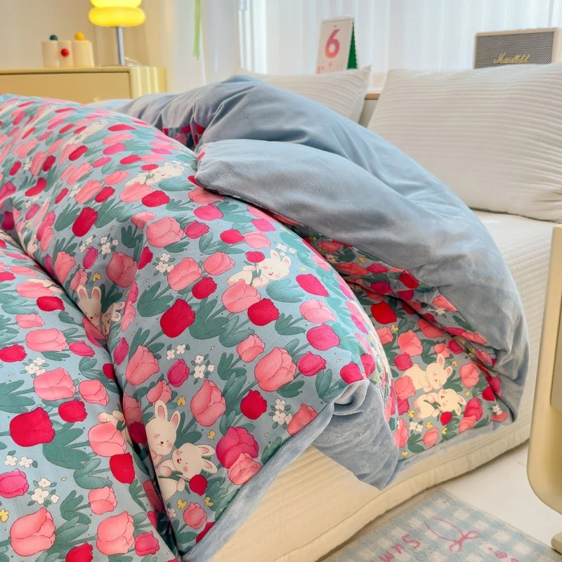 

Autumn Winter Duvet Cover,1PC AB Side Cotton&Flannel Fiber Use Single Double Queen King Quilt Cover,Floral Print Drop Shipping