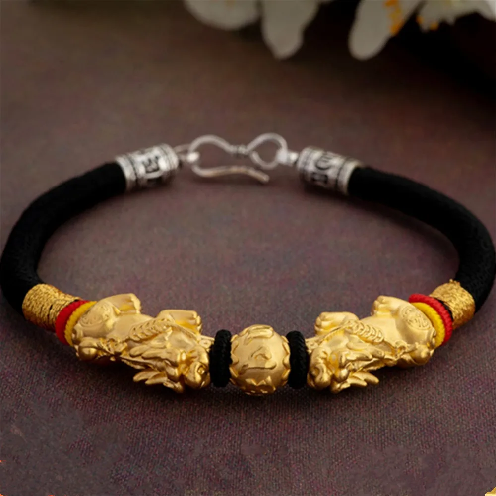 

Fine Jewelry Pure 999 24K Yellow Gold Bangle Money Coin Ball Dragon Son Pixiu Bead Bracelet 2.7-3g