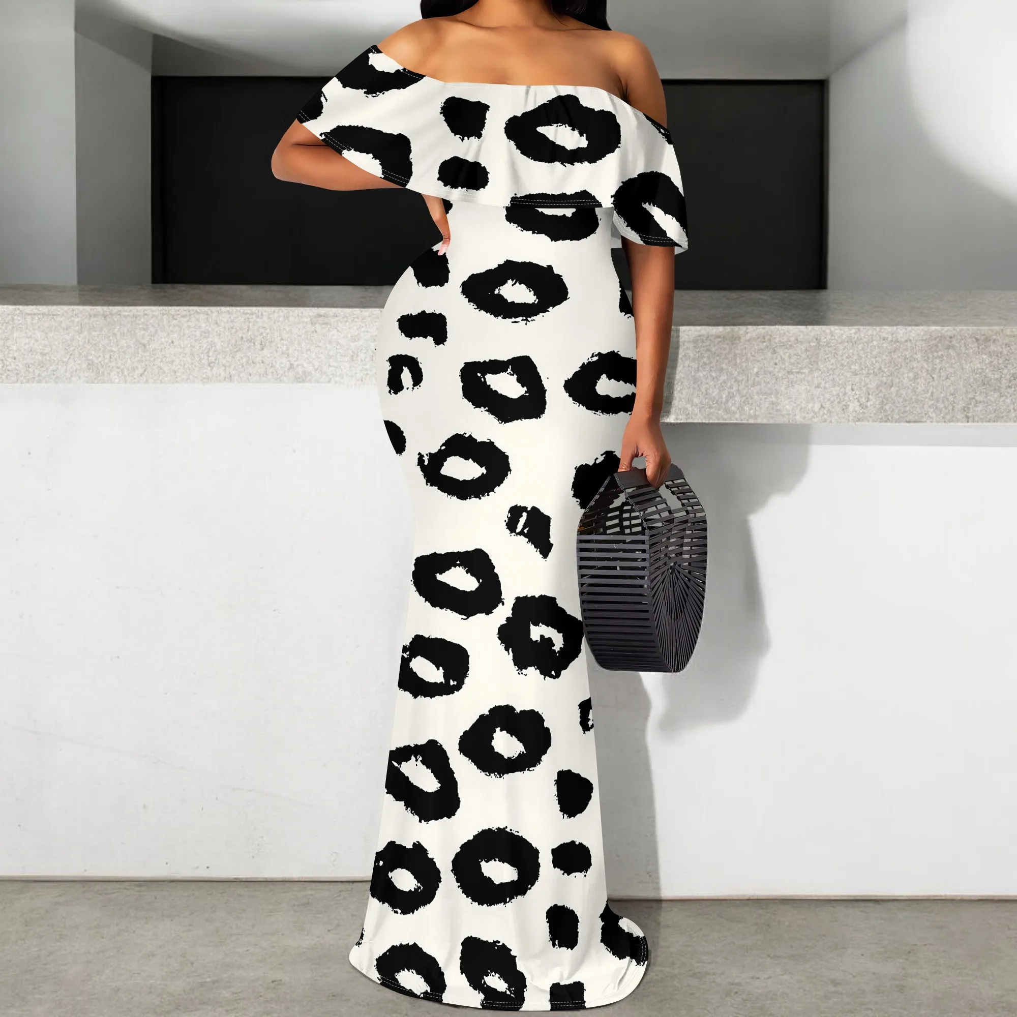 

Black White Abstract Leopard Print Maxi Dress S‑3XL One Shoulder Mermaid Style for Art Show, Summer Party or Elegant Dinner Look
