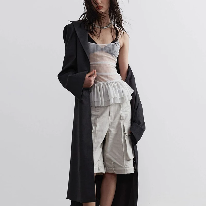 Women Summer Korean Fashion Y2k See Through Tank Tops Ruffles Crop Tops Slim Fit Camisole Harajuku Aesthetic Sexy Kpop Tops