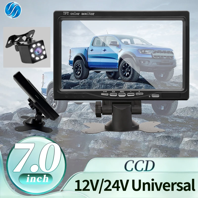 HIPPCRON 7" Auto-Monitor 16:9 800*480 Bildschirm 2-Wege-Videoeingang TFT HD Digital für Rückfahrkamera Parkhilfe Rückwärtsfahrt 12-24V