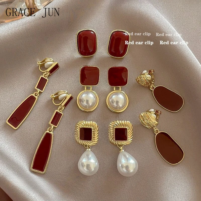 GRACE JUN Vintage Fashion Women's Clip on Earrings No Pierced Red Enamel Pearl Geometric Gold Color Cuff Earrings Charm Ear Clip