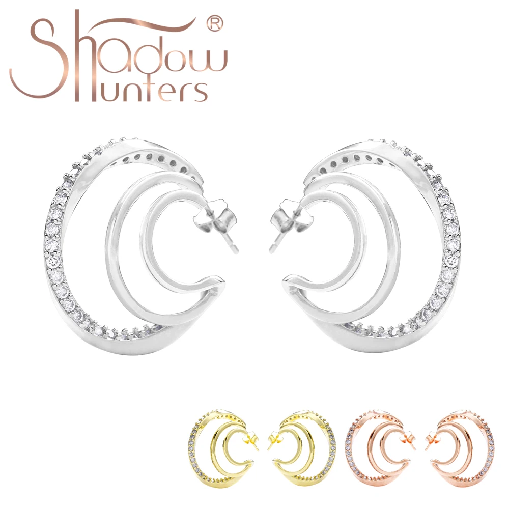 

SHADOWHUNTERS 925 Real Sterling Silver Zircon Earrings For Women Three Rows Big Stud Earrings Woman Luxury Triple Illusion Studs