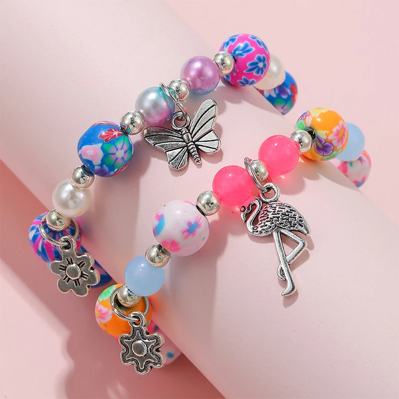 2pcs/set Flamingo Butterfly Flower Charm Stretch Bracelets for Girls Best Friend Bohemia Beads Jewelry Gifts