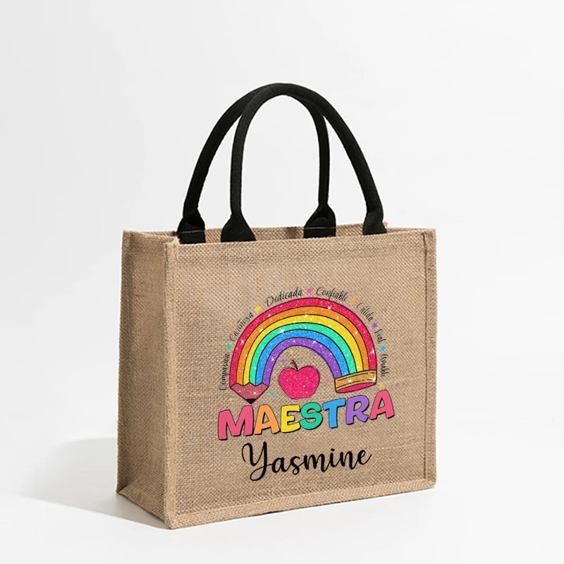 Maestra Customized Name Linen Tote Bag Organizer New Fashion Shoulder Bag Travel Storage Handbag Shopping Bags Gift for Teachers