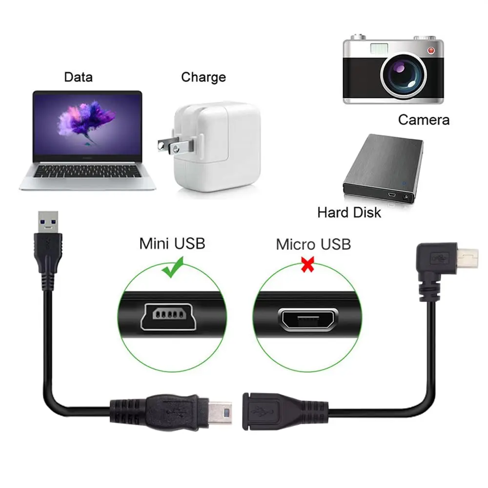 90 Degree Left Angled Mini USB 5Pin Male to Female Extension Cable for GPS Camera 30cm