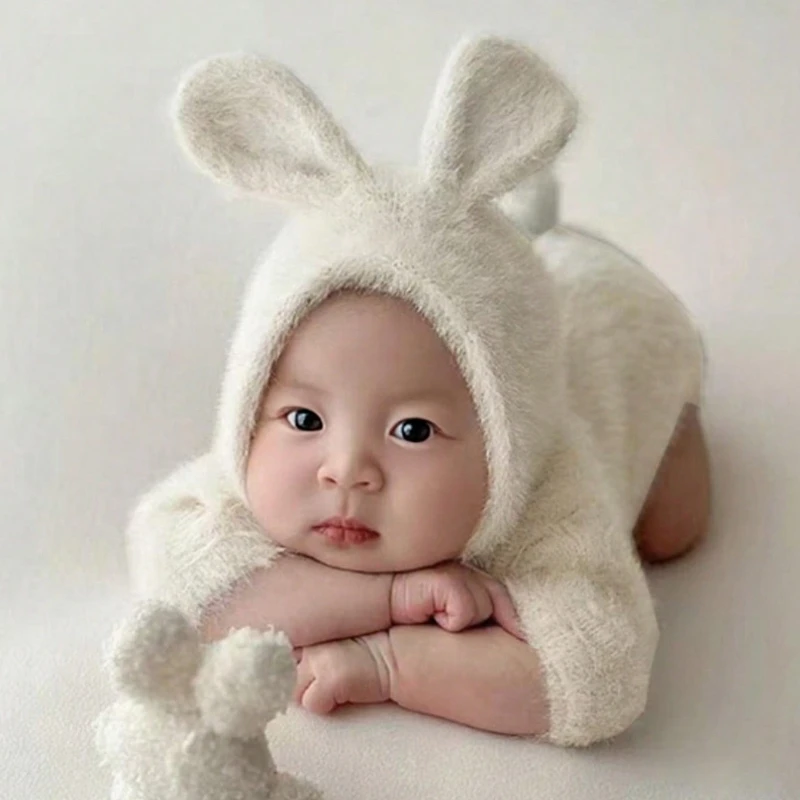 

Newborn Photography Props: 2pcs Soft Faux Fur Bunny Bodysuit with Hat. Baby Boy Girl Photoshoot Outfit, Shower Gift newborn
