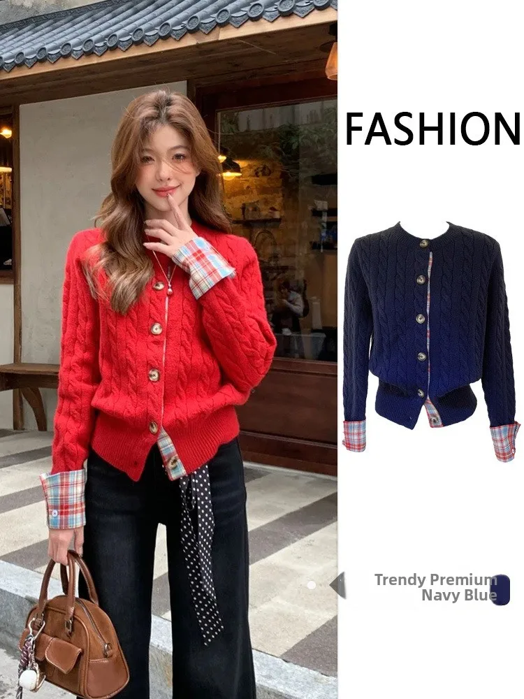 

Red Splice Knitted Sweater Coat Women's Lazy Sle New Year New Clothes 2025 New Arrival Sweet Sle Loose Fit Long Sve