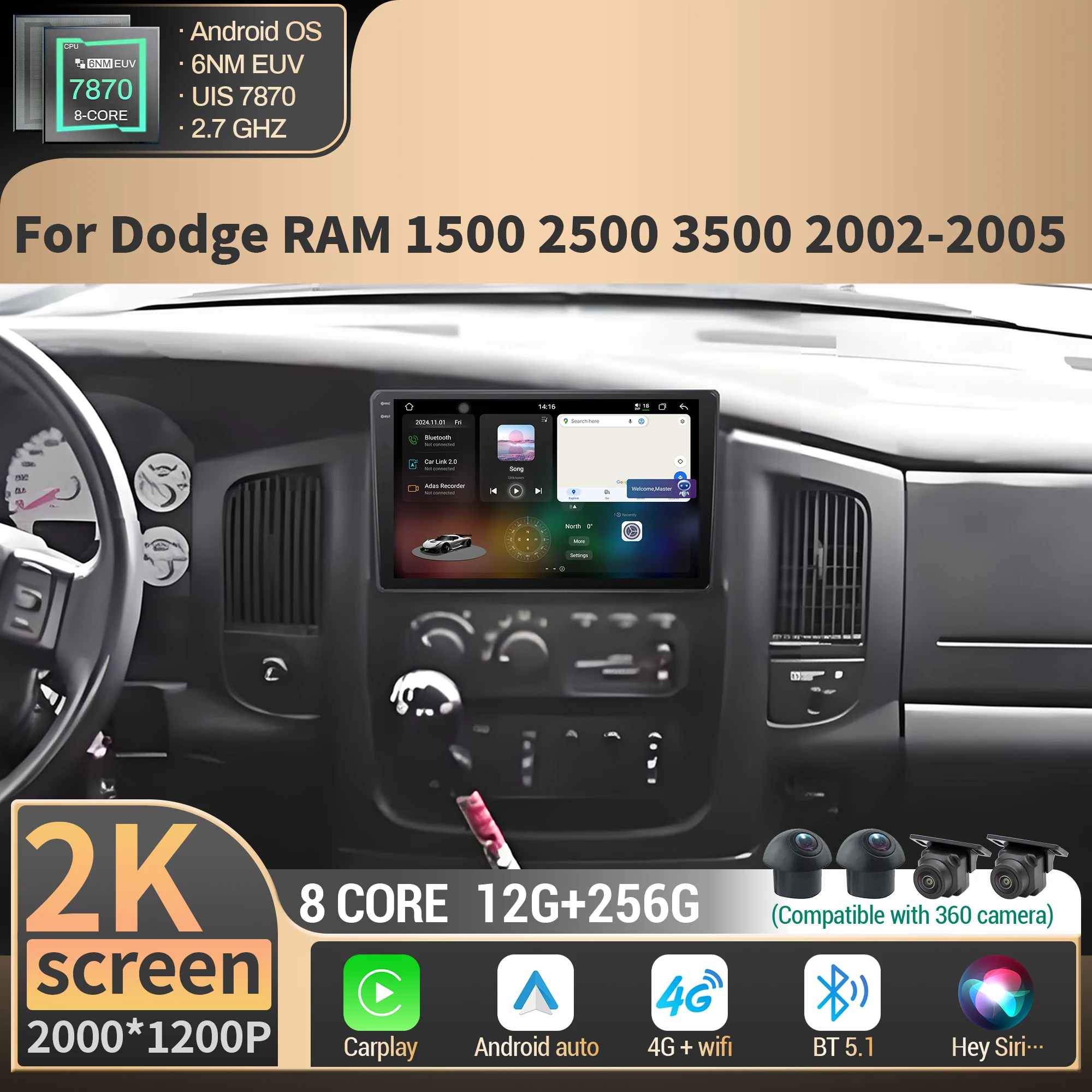 

For Dodge RAM 1500 2500 3500 2002 2003 2004 2005 Android Car Radio Multimedia Wireless BT Carplay 4G GPS CPU 7870 2K QLED Screen
