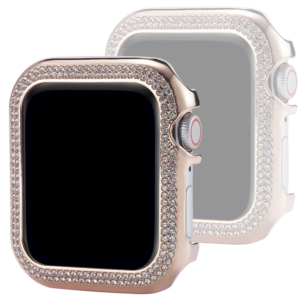 Double Diamond Protective Case For Apple Watch Cover 41mm 45mm 40mm 44mm Women Metal Bumper Frame Shell For iWatch 9 8 7 6 5 SE