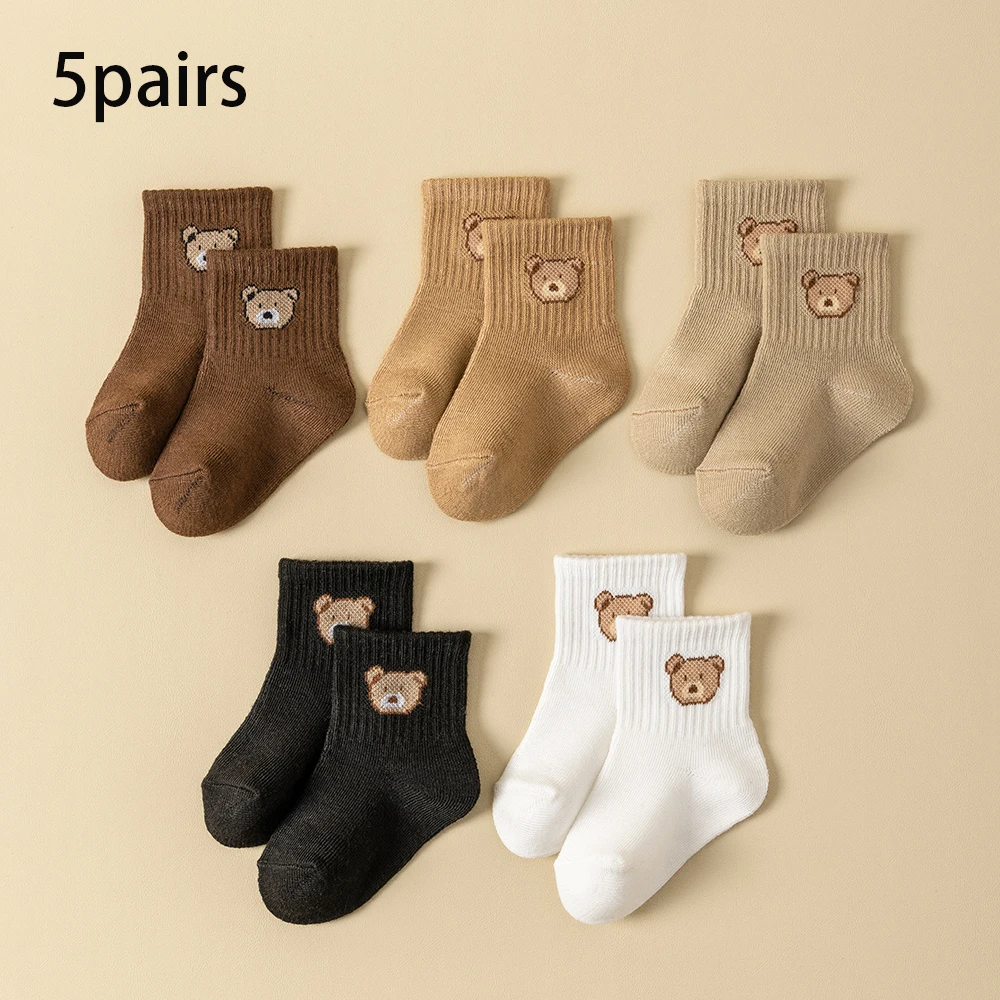 5 Pairs Baby Socks Toddler Soft Comfortable Breathable All-Season Cartoon Bear Pattern Kids Footwear