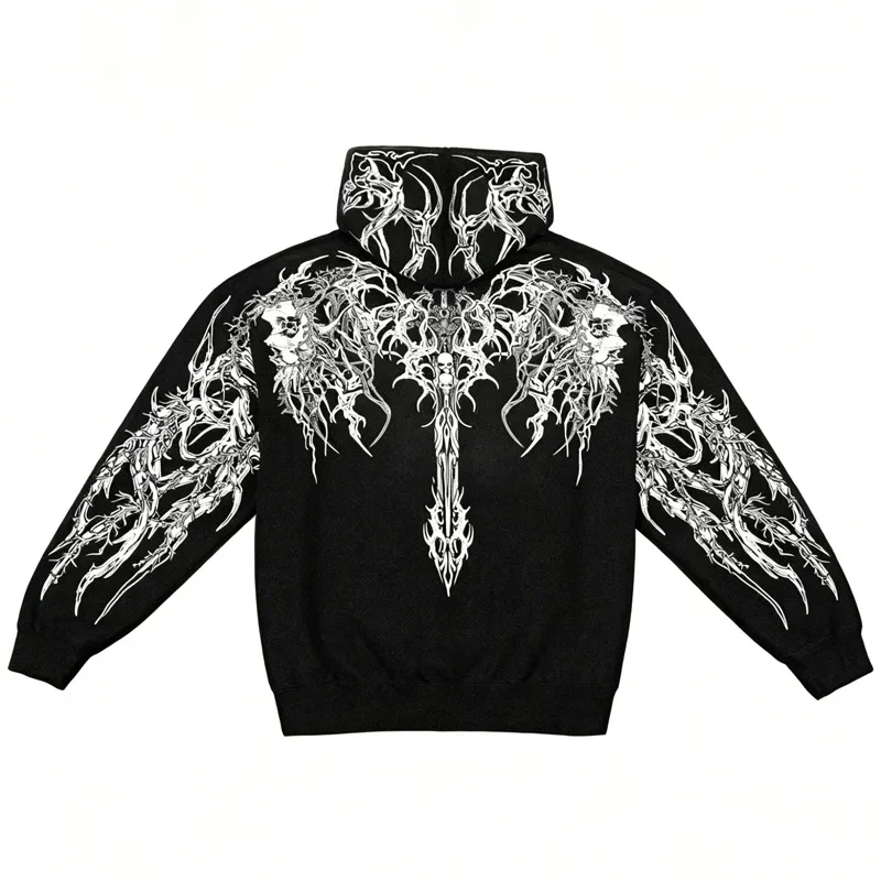 Herren Gothic Punk Hoodie mit Schriftzug-Print, Y2K Hip-Hop Streetwear Pullover, Dunkles Muster, Lässiger Kapuzenpullover mit Tasche – Detail 3