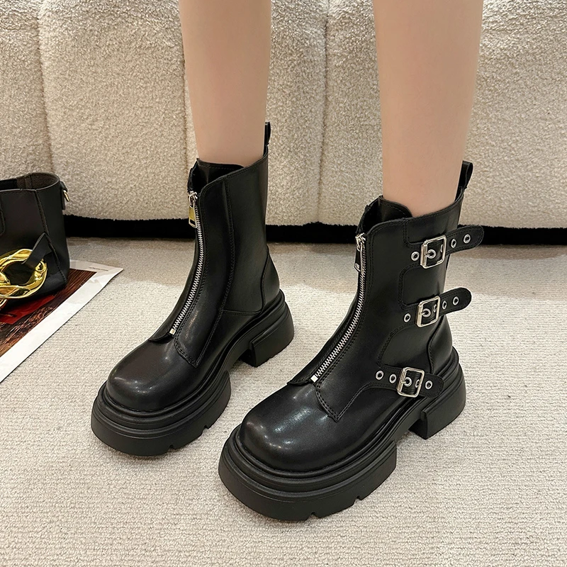 

Chelsea Women Mid Heels Shoes Chunky Platform Boots 2023 Winter New Fashion Goth Ankle Boots Pumps Zipper Punk Motorcycle Botas