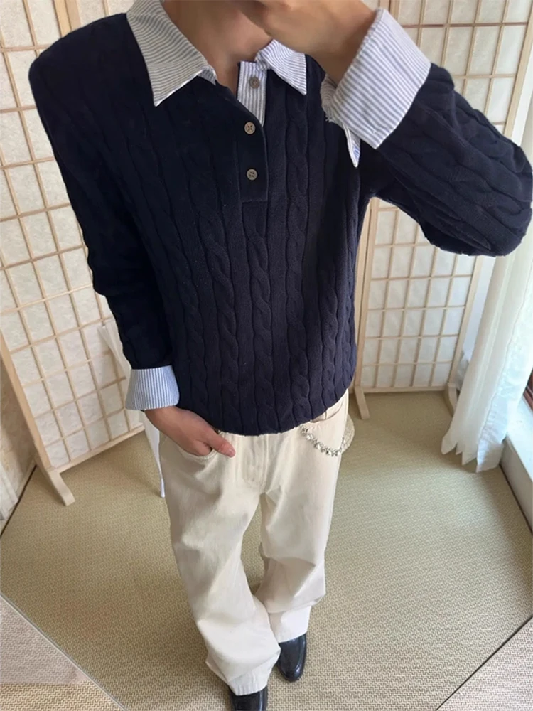 

Retro Knitted Long Sve Ne Sweater for Men Stripe Twist Fake Two-Piece Regular Fit Autumn Wear Cleanfit High-End Fee...