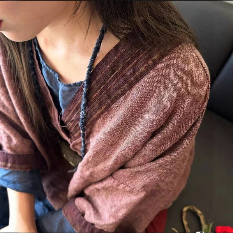 VintagePremium جودة الغزل مصبوغ الكتان فضفاض الخامس الرقبة المرأة بلوزة الخريف جديد الرجعية منتصف طول Batwing الأكمام القمم حجم كبير
