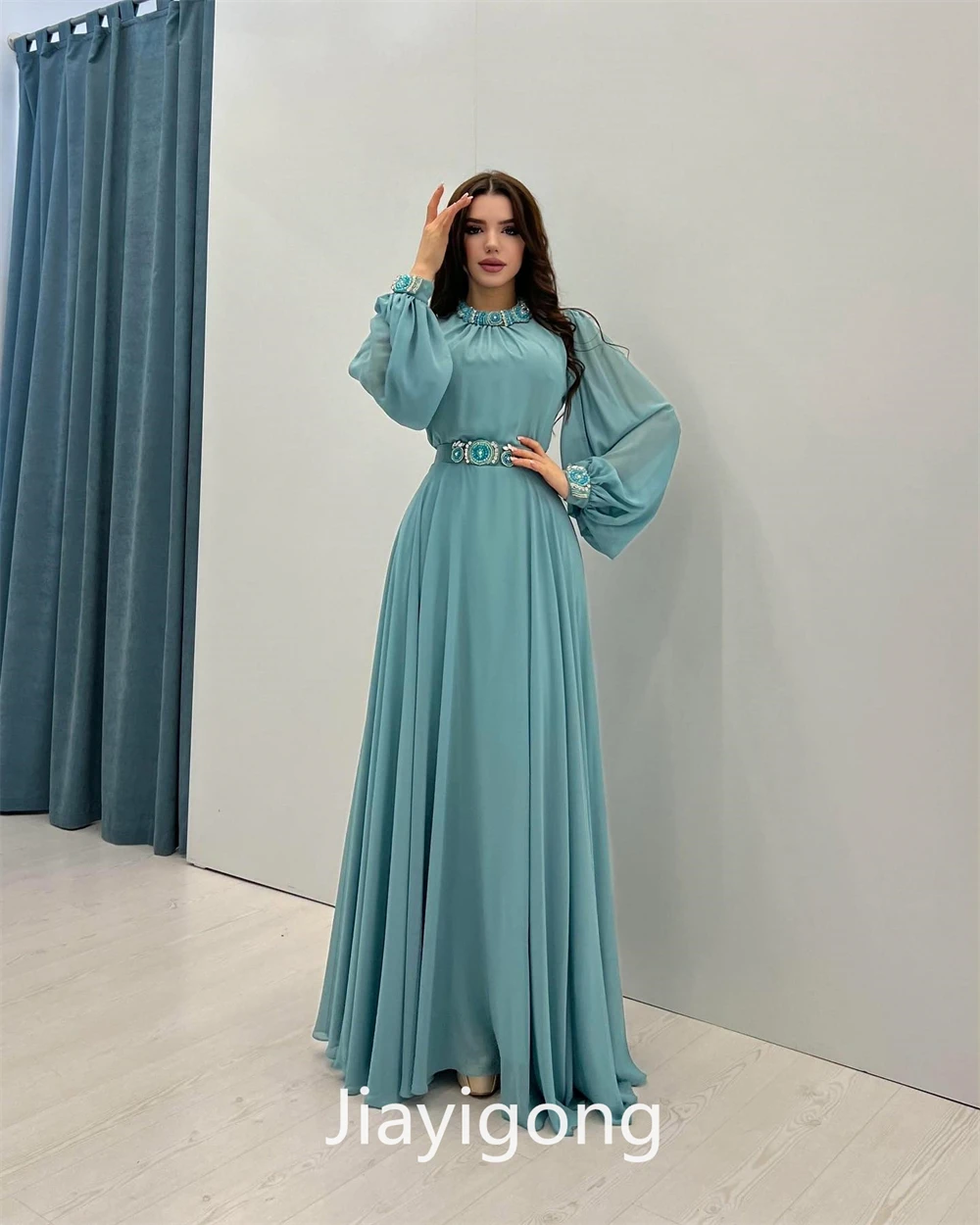 Jiayigong High Quality Collar A-line Evening es Paillette Fold Draped Satin Custom Saudi Arabia