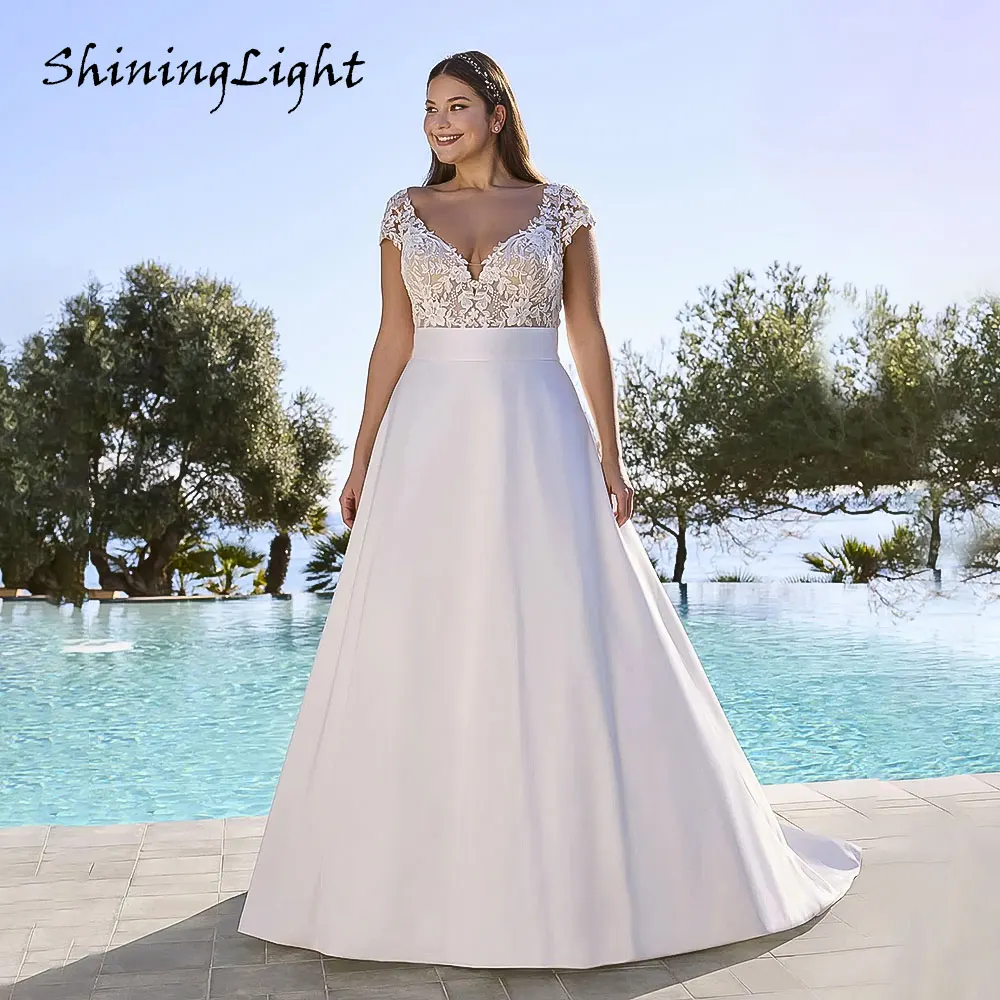 

ShiningLight Vintage V-Neck Satin Wedding Dress Cap Sleeve Backless Women Elegant A-Line Lace Plus Size Bridal Gowns Customized