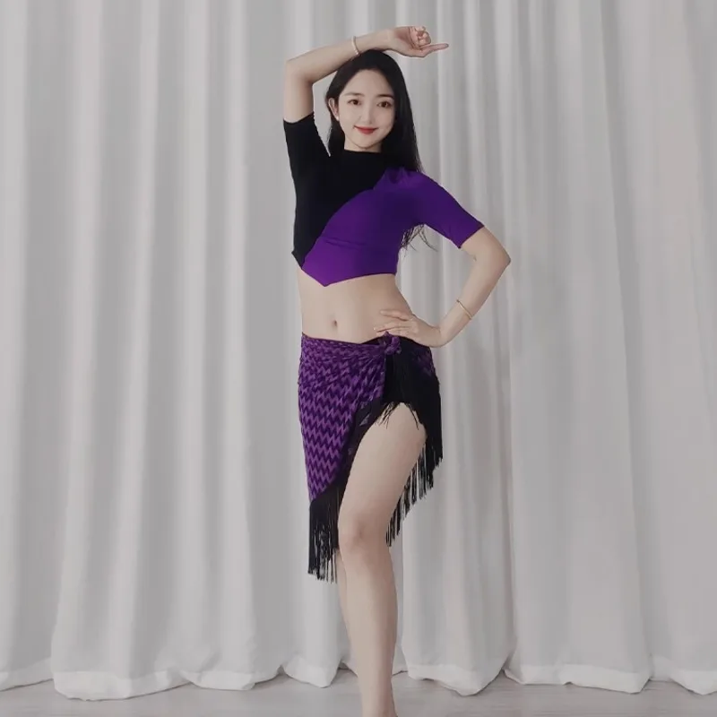 Customized Belly Dance Costumes Practice Outfit Black Purple Color Blocked Top Practicing Modal Wavy Triangle Tassel Hip Scarf