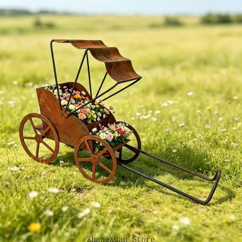 Rostiger Metall-Rikscha-Blumentopfwagen für Balkon, Eingangsdisplay, 3 x – Detail 5